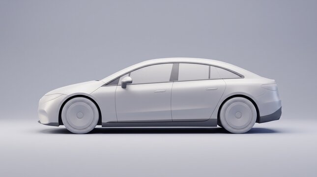 Side profile of a white clay model luxury electric sedan in a minimalist studio, showcasing aerodynamic design for automotive prototyping and concept visualization.