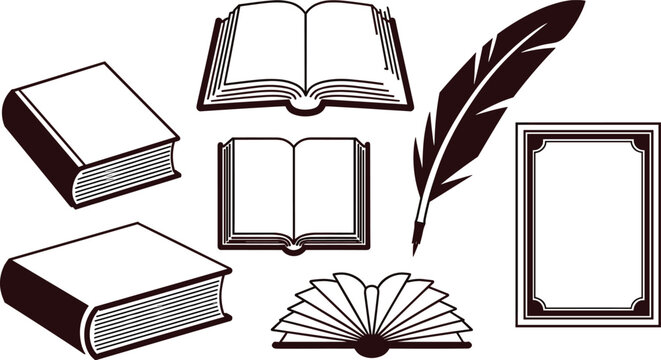 Vintage open and closed book vector silhouettes set with feather quill pen and decorative border frame element