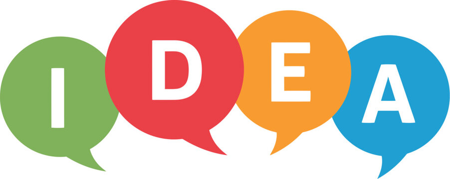 Idea word in colorful speech bubbles vector illustration. creative thought communication message graphic. Vector Illustration