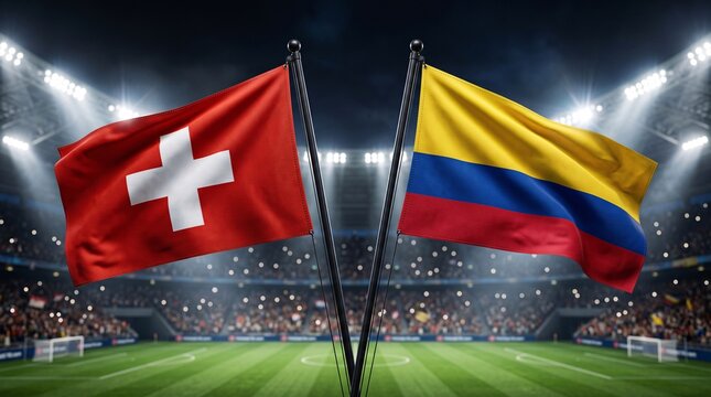 Switzerland and Colombia national flags waving in international football stadium