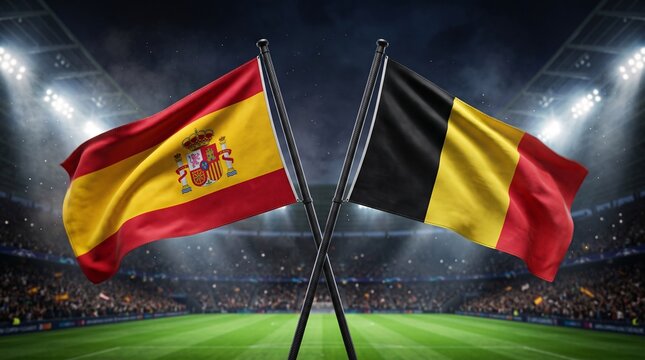 Spain and Belgium national flags waving in stadium arena