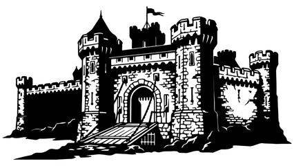 Medieval Castle Vector Illustration Black and White Fortress with Drawbridge and Towers Isolated on Transparent Background © MDALAMGIR