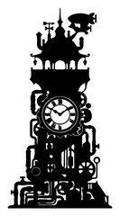 Steampunk Clock Tower Silhouette with Gears Pipes and Zeppelin Isolated on Transparent Background © MDALAMGIR
