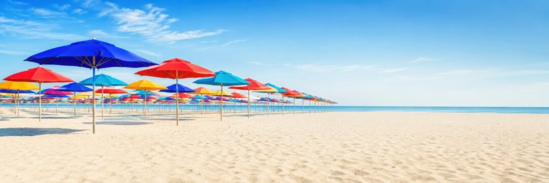 Colorful Beach Umbrellas On Sandy Coast With Copy Space