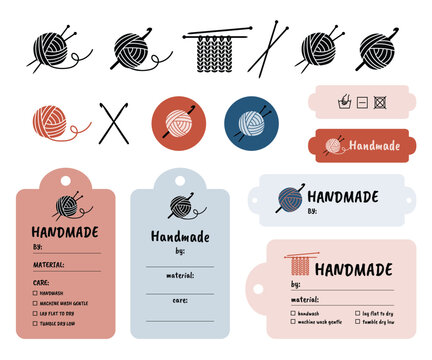 Handmade knitting and crochet logo set with product tags and labels.