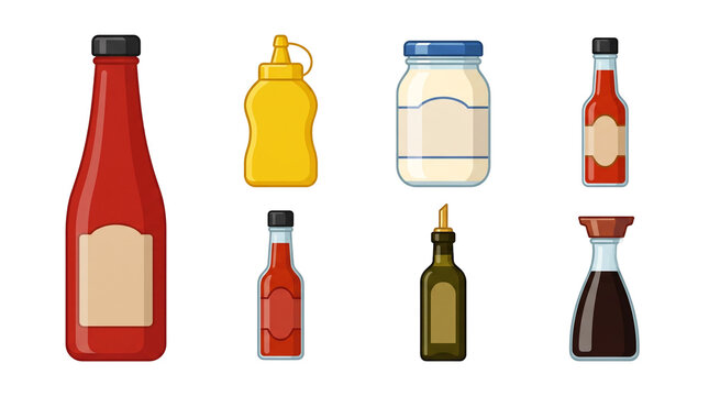 Vibrant collection of colorful condiment bottles including ketchup mustard mayonnaise hot sauce barbecue and soy sauce arranged in a neat grid for culinary food design projects set on transparent back