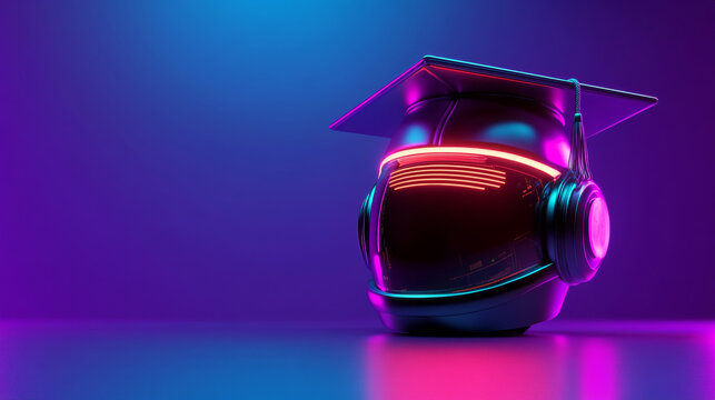 Cyberpunk robot helmet wearing a graduation cap