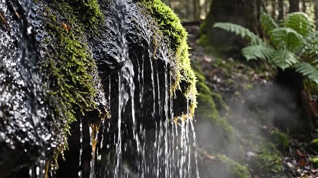 A moss covered waterfall wall background with thin flowing streams and damp stone texture
