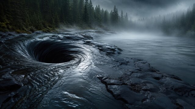 Forest River Whirlpool In Misty Wilderness