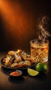 Mezcal Cocktail With Corn Ribs And Copy Space