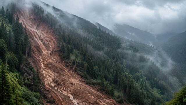 Landslide Scar Cutting Through Forested Mountain Slope