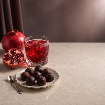 Pomegranate Mocktail With Chocolate Truffles And Copy Space