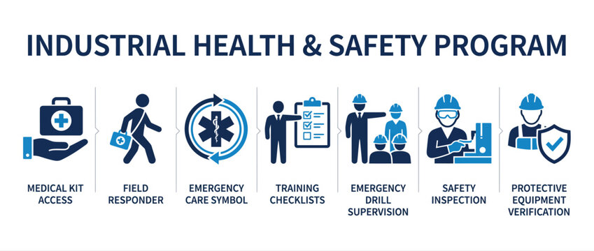 Industrial health and safety program icons, occupational safety management set, workplace vector