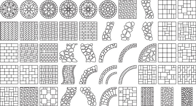 Collection of paving patterns and stone textures for architectural landscaping design in black and white vector