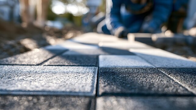 Gray and white concrete pavers laid neatly on the ground during a sunny day for a new outdoor garden path