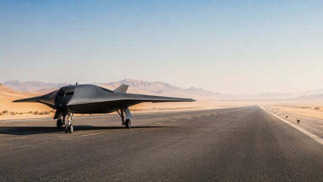 Stealth Drone On Desert Runway With Mountain Horizon