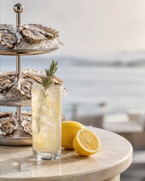 Tom Collins Cocktail With Oysters And Lemon By The Sea