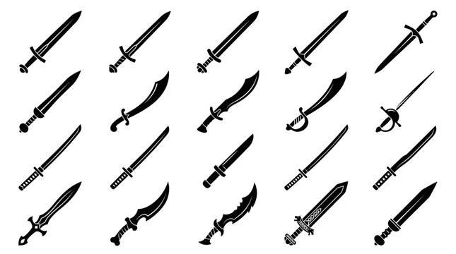 Collection of various ancient, medieval and fantasy sword and dagger black silhouettes on a white background, illustrating historical warfare or symbolizing adventure themes