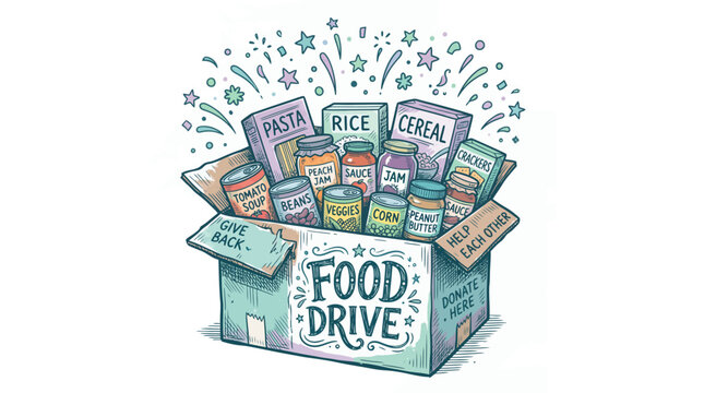 Illustrated cardboard box overflowing with various canned and packaged non-perishable food items on a white background, illustrating hunger relief and community support initiatives