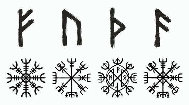 Grunge style set of ancient Norse runes and circular Viking symbols featuring Aegishjalmur and Vegvisir on a white background, symbolizing historical heritage and spiritual power