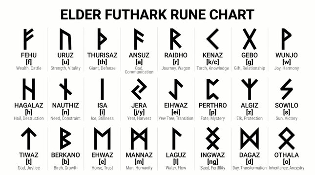 Comprehensive Elder Futhark rune chart displaying all 24 symbols with names, phonetics and meanings on white, Symbolizing ancient divination and spiritual guidance