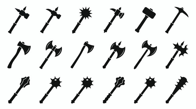 Black silhouette icons of medieval axes, hammers, maces and flails are arranged on a clean white background, Symbolizing historical warfare and providing gaming assets for fantasy themes