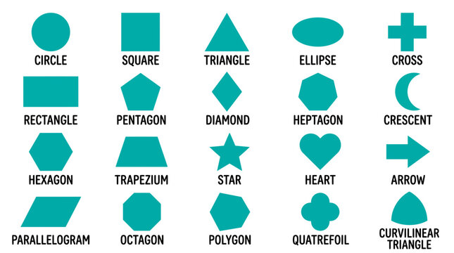Comprehensive vector set of 20 teal geometric and common shapes with names on a white background, illustrating basic math education or graphic design projects