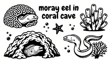Fototapeta premium moray eel emerging set from a rocky coral cave surrounded by reef fish marine algae corals and textured seabed creating a mysterious underwater habitat for commercial vector illustration