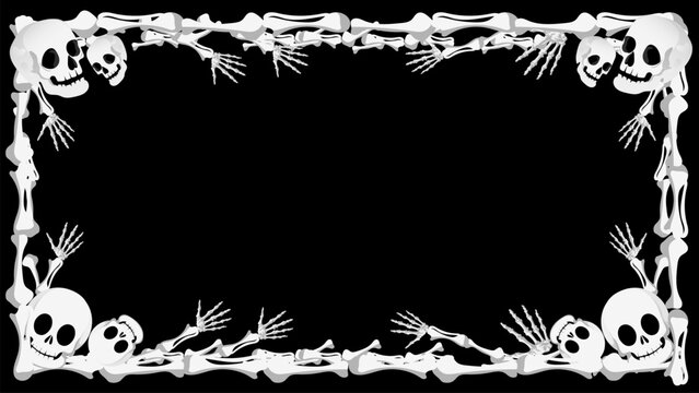Skeleton frame border with skull and bones on transparency background, spooky Halloween decoration with creepy bones and eerie atmosphere for horror design