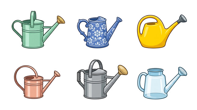 Set of six colorful gardening watering cans in various unique vintage and modern styles featuring metal and plastic textures and diverse artistic designs isolated for decorative use on transparent bac