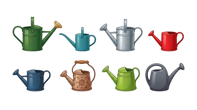 Set of six colorful gardening watering cans in various unique vintage and modern styles featuring metal and plastic textures and diverse artistic designs isolated for decorative use on transparent bac
