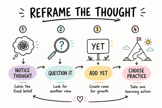 An infographic illustrates a four-step process to reframe negative thoughts: Notice Thought, Question It, Add Yet, and Choose Practice.
