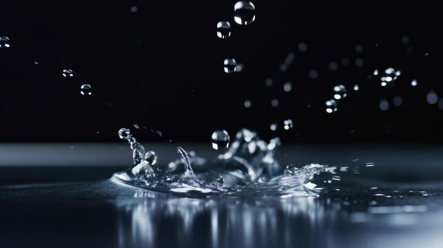 Slow Motion Water Droplet Creating Splash Crown with Reflection on Dark Background 2k