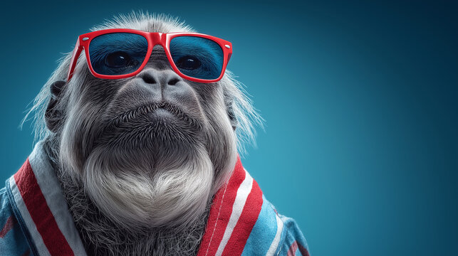 Cool monkey wearing red sunglasses and colorful jacket on blue background