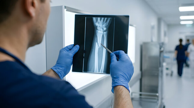 Over the Shoulder View of Doctor in Gloves Pointing Pen at Severe Arm Bone Fracture on X-ray Film