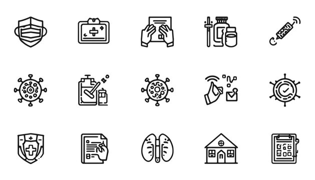 vector line icon set of pandemic prevention and virus protection, including face mask,