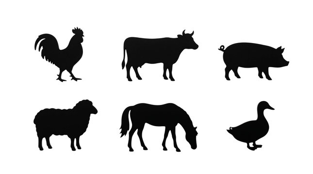 Silhouette collection featuring six diverse farm animals including a rooster cow pig sheep horse and duck rendered in solid black shapes arranged in a neat grid layout on transparent background.