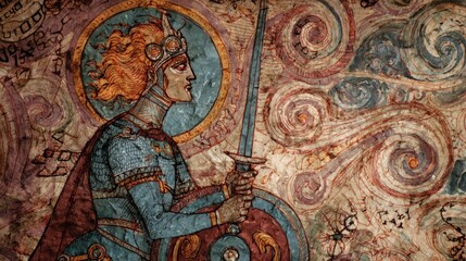 Fototapeta premium Warrior figure with sword and ornate halo