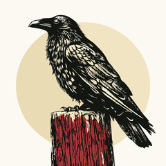 Obraz premium raven perched on post woodcut style bird