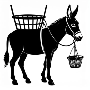 Black horse with saddle and basket on country road.
