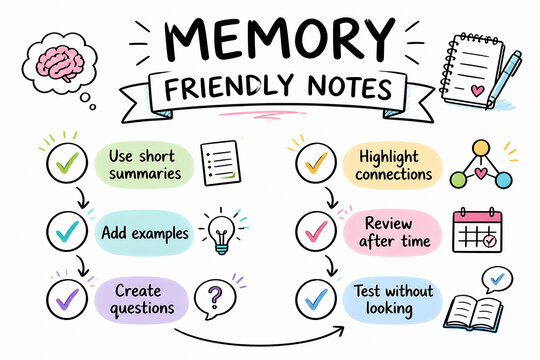 An infographic illustrates memory-friendly note-taking techniques with icons and arrows connecting different study methods.