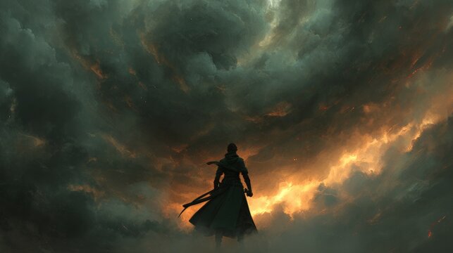 Warrior silhouette against stormy sky