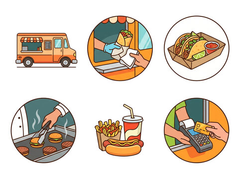 Set of colorful flat vector icons representing various street food operations including cooking burgers serving tacos and processing credit card payments for quick meals displayed as isolated items on