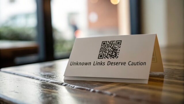 Caution Sign with QR Code on Wooden Table Highlighting Security Awareness and Online Safety in Modern Environment