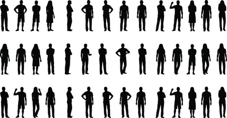 Black-and-white vector silhouette illustration of forty diverse individuals in varied standing poses, symbolizing human posture, gesture recognition, fashion, and expressive body language themes © Anonto