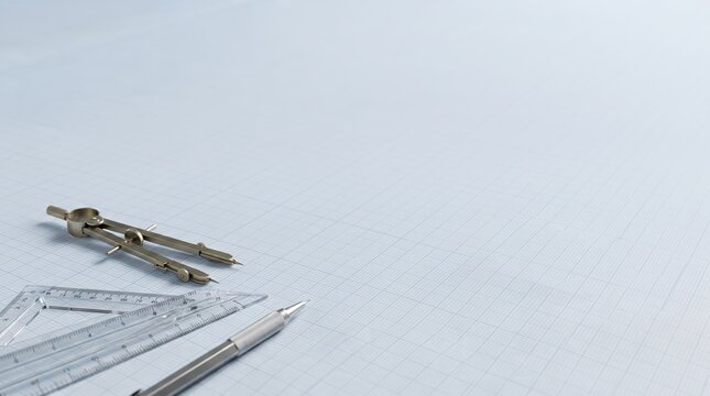  A classic metal drafting compass, a clear triangular scale ruler, and a fine-tip mechanical pencil 