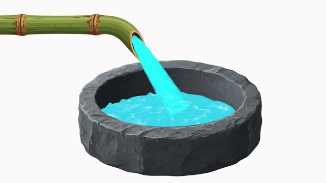 Flat Aanimation of fresh water pouring from a green bamboo pipe into a traditional stone basin, isolated on a solid white background, seamless loop, Minimalist cartoon zen water fountain.