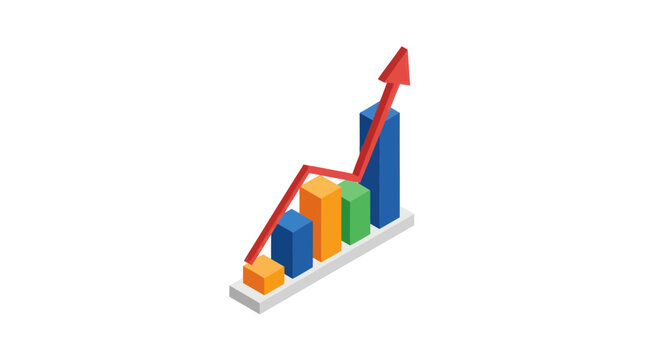 Colorful isometric bar chart with red upward growth arrow