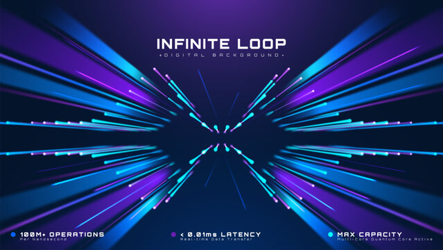 Abstract Cyber Infinite Loop Background, Modern Technology Concept With Digital Network. Fast Speed Glow Neon Particle Line Graphic Design And Bright Light Advance Future System. Vector Illustration.