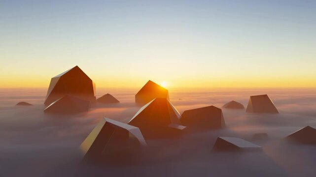 Angular monoliths emerging from fog at sunrise with shifting rim light, rolling clouds, and dramatic layered atmosphere across dark faceted forms, with sunrise, horizon, cloud, fog detail